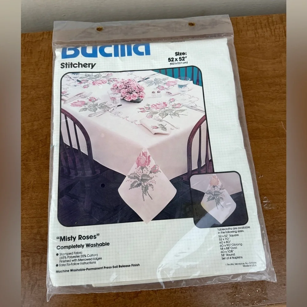 Bucilla Stitchery Pink Floral Table Linens Dining Set 52X52 New in Packaging